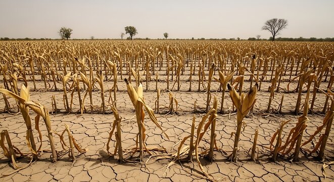 Dry field of dead crops under a vast sky depicting drought and climate change