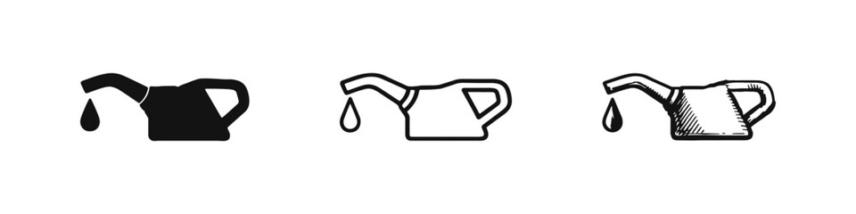Watering Can or Oil Can with Liquid Drop Icon Set in Different Styles © drawing lines
