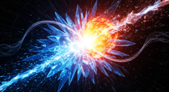 氷と炎の衝突するエネルギー。宇宙の爆発と結晶の抽象的背景。