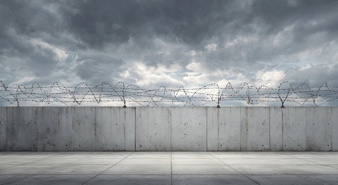 Stark concrete wall topped with barbed wire under a dramatic, cloudy sky