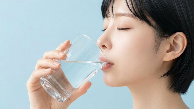 澄んだブルー背景の中でグラスの水を口に含む横顔が、みずみずしい清潔感とうるおい印象を引き立てる美容広告ビジュアル