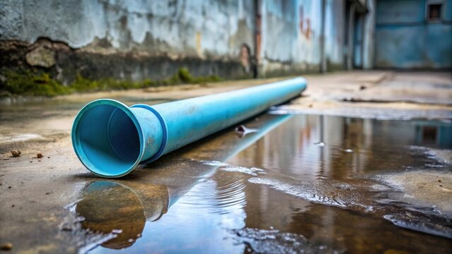 A discarded light blue pipe rests in a puddle of water on a weathered surface, reflecting the sky