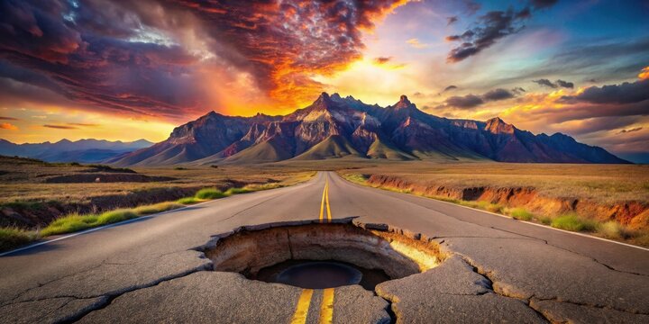 A dramatic sunset illuminates a vast mountain range, casting long shadows across a cracked and damaged asphalt road with a large pothole, signifying the challenges of a journey ahead