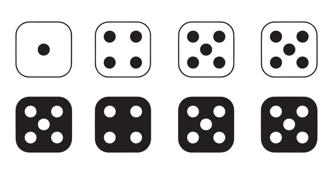 Assorted dice faces with different number configurations in black and white styles for tabletop gaming ui.