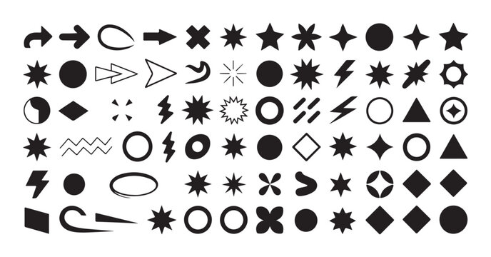 Large set of minimalist geometric symbols including stars arrows circles and triangles for creative layout.