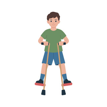 Young boy playfully using pogo sticks enjoying outdoor activity
