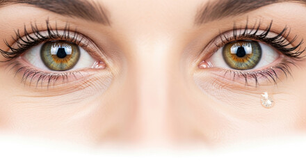 Naklejka premium A close-up of a woman's eyes with a single tear drop on her cheek on transparent background
