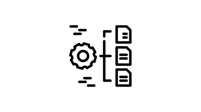 Process flow icon with a gear and three files, ideal for presentations, workflow diagrams, software development concepts, and business processes.
