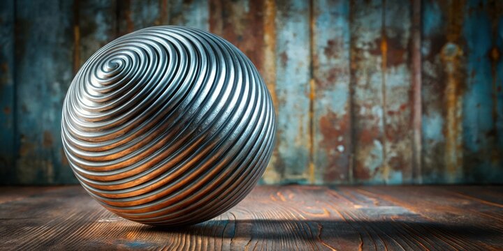 A metallic sphere with spiral grooves rests on a dark wooden surface against a backdrop of textured metal plating.