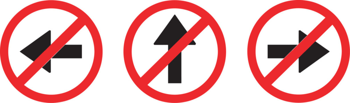 Prohibited direction arrow road signs vector set, no left straight right turn symbols, traffic regulation icons, editable scalable illustration, road safety concept