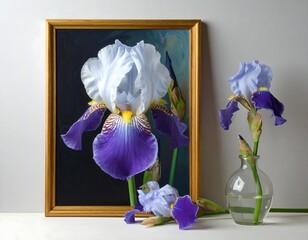 A still life with irises in a vase and a framed picture © Pasukan
