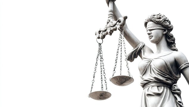 Blindfolded statue of justice holding balanced scales against white background