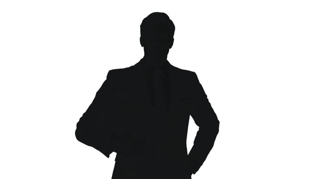 Businessman silhouette stands confidently with his hands on hips against a stark white background, conveying.