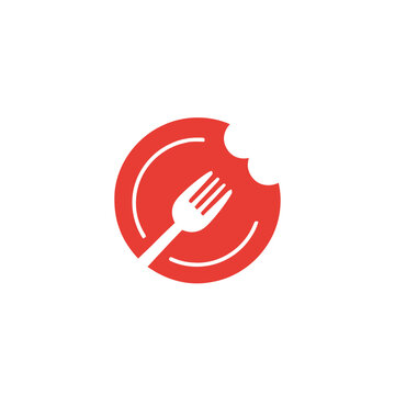 Minimalist Logo Design of a Fork on a Plate with a Bite Mark.