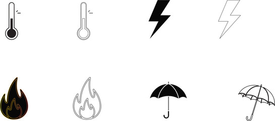 Obraz premium Weather and climate icon set featuring thermometer temperature fire flame lightning bolt and umbrella symbols for meteorological forecasting