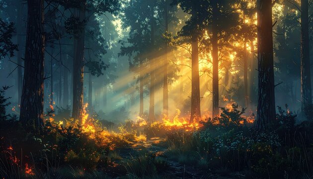 Forest fire burns, sun shines through trees, with smoke and light