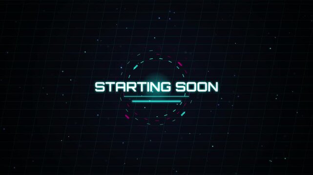 Futuristic starting soon screen with digital glitch effect, neon text, and cosmic particles, ideal for live streams or broadcasts