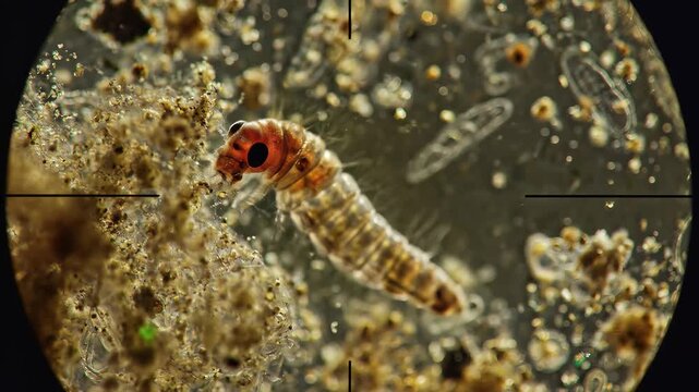 Microscopic view of a caddisfly larva in its natural habitat.