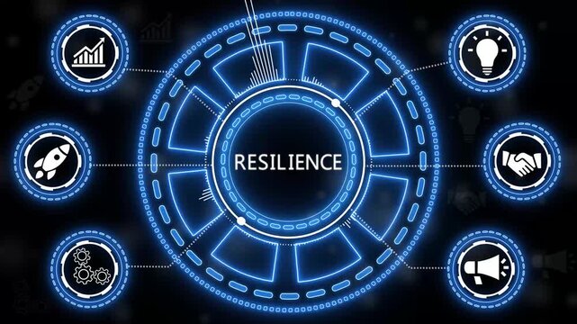 Digital resilience concept displaying growth, innovation, and problem solving on black background.Technology network.4k animation.
