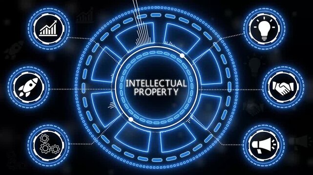 Intellectual property and business development concept illustrated with futuristic neon elements. 4k animation.