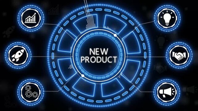 Animated neon graphic depicting new product launch with business development icons..4k animation.