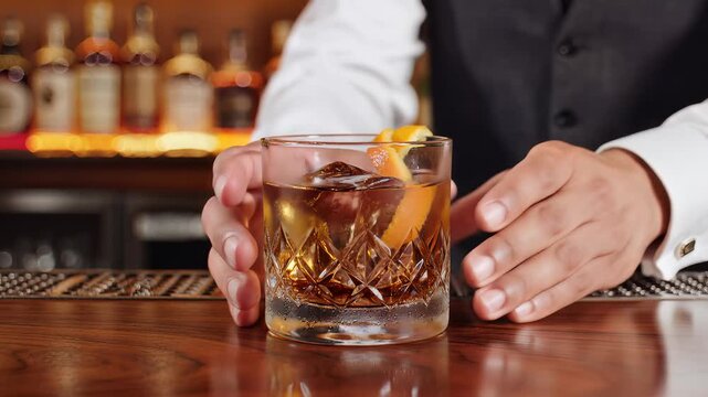 Bartender Serves Classic Old Fashioned Cocktail at Bar.