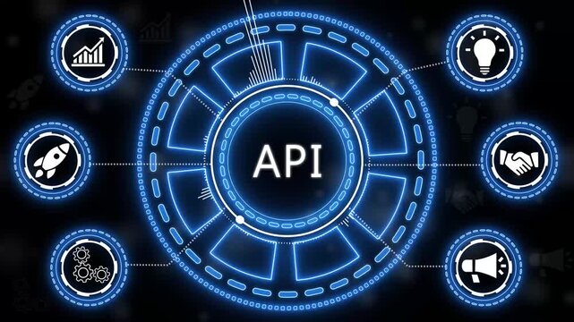 Animated illustration of api concept with associated business and technology symbols..4k animation.