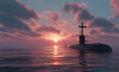 Fototapeta premium Submerged vessel surfaces as sun sets over calm ocean waters with pink clouds