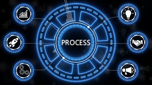 Illuminated digital process circle animation on a dark background with futuristic elements..4k animation.