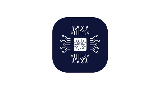 Modern electronic circuit board design on a dark blue background.