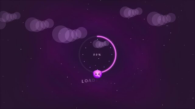 Cute pixel art loading spinner with small character, purple clouds and stars in a dark cosmic background, game interface element