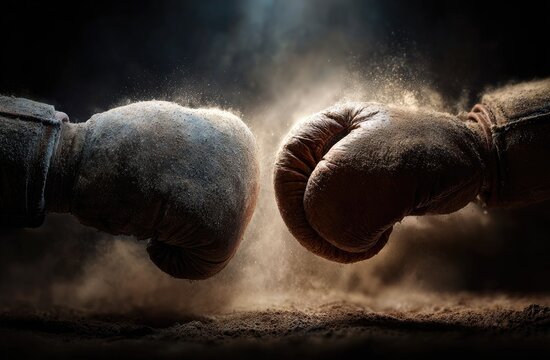 Two dusty boxing gloves collide in a cloud of dust