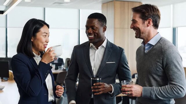 Diverse business professionals collaborating and discussing ideas in a modern office setting.