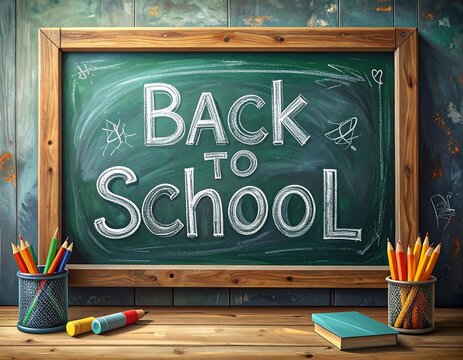 Back to School" message on chalkboard, with pencils, books on wooden desk, against textured green/brown background