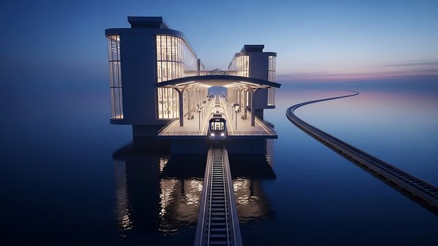 modern train station on the water at dusk, with a train arriving on tracks extending into the distance.