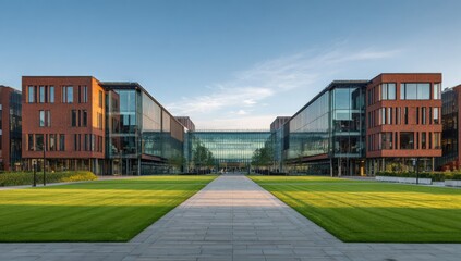 Obraz premium Symmetrical modern brick and glass buildings flank a central walkway with lush green lawns