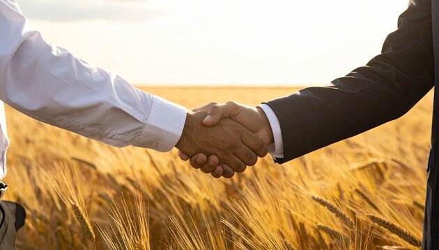 Two individuals clasp hands, sunlight catches a golden wheat field