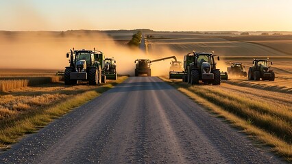 Fototapeta premium Tractors a combine harvester work together in a dusty field during golden hour, capturing the essence of agricultural productivity at sunset.