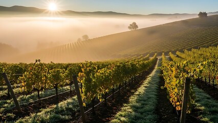 Fototapeta premium sunrise bathes rolling Tuscan hills and vineyard rows in golden light, with mist clinging to the landscape.