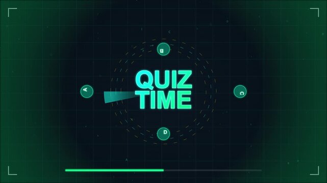 Pixelated text quiz time with glowing effect, surrounded by swirling dots and a ticking clock element, retro gaming style