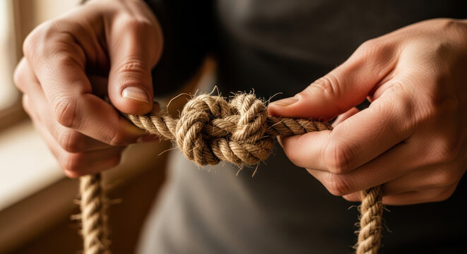 Hands meticulously tying a complex knot with natural rope.