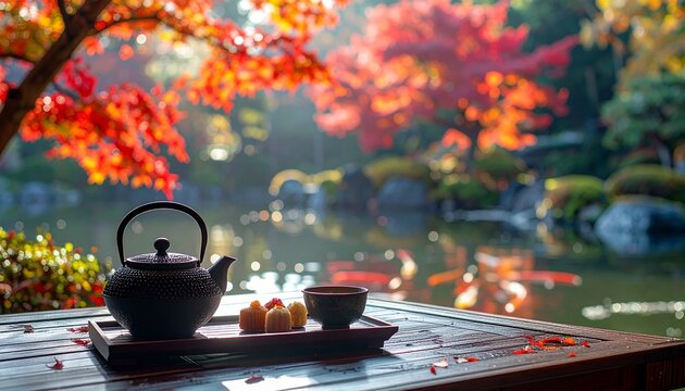 Japanese Tea Set Kyoto Temple Koi Pond