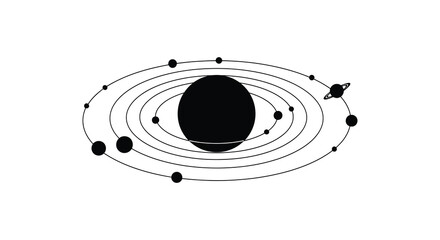 A minimalist depiction of a solar system with planets in orbit silhouette © nhpvect02