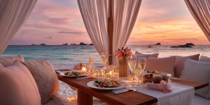 Romantic beach dinner under draped canopy at sunset