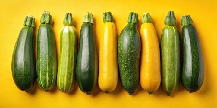 A vibrant row of fresh, organically grown zucchini, showcasing a variety of colors and sizes, arranged on a sunny yellow background.