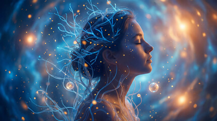 Fototapeta premium A peaceful woman with a bioluminescent network emerging from her head, surrounded by sparkling particles against a cosmic background, representing connection to the universe. Generative AI.