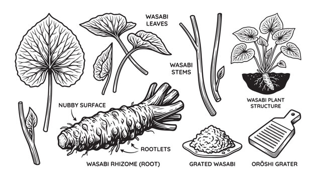 Wasabi rhizome root vector illustration set with leaves stems grated paste and metal oroshi grater.