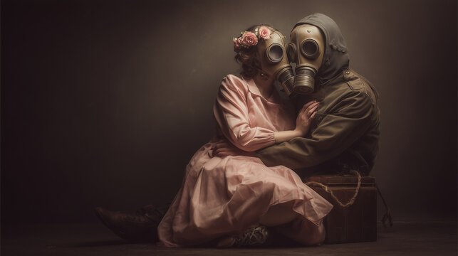 Couple wearing gas masks embracing in a dystopian scene, symbolizing love, survival, nuclear radiation, and pollution in a dramatic and emotional atmosphere.