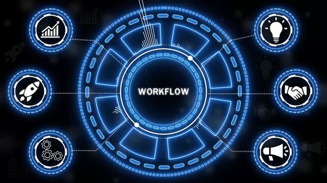 Animated workflow diagram illustrating business process flow and technological concepts on black background .motion video.