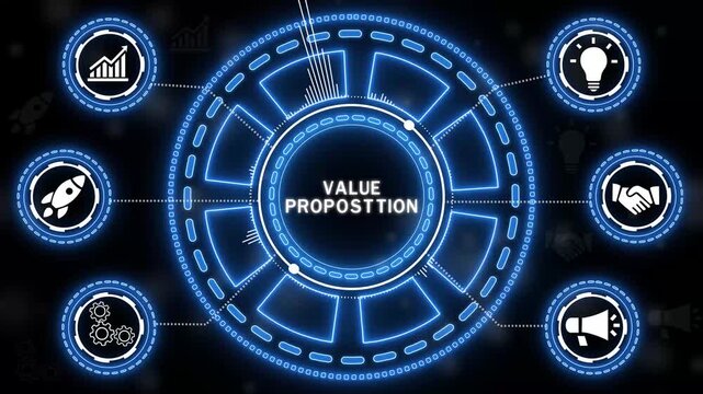 Animated value proposition concept with business icons arranged on a glowing neon backdrop.4k Animation.
